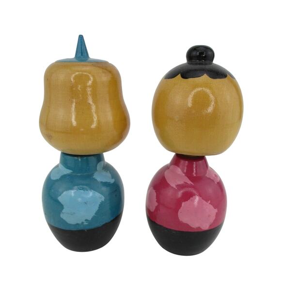 Vintage Pair Nodder Doll Wood Hand Painted Bobbleheads 5" Tall - Picture 3 of 6